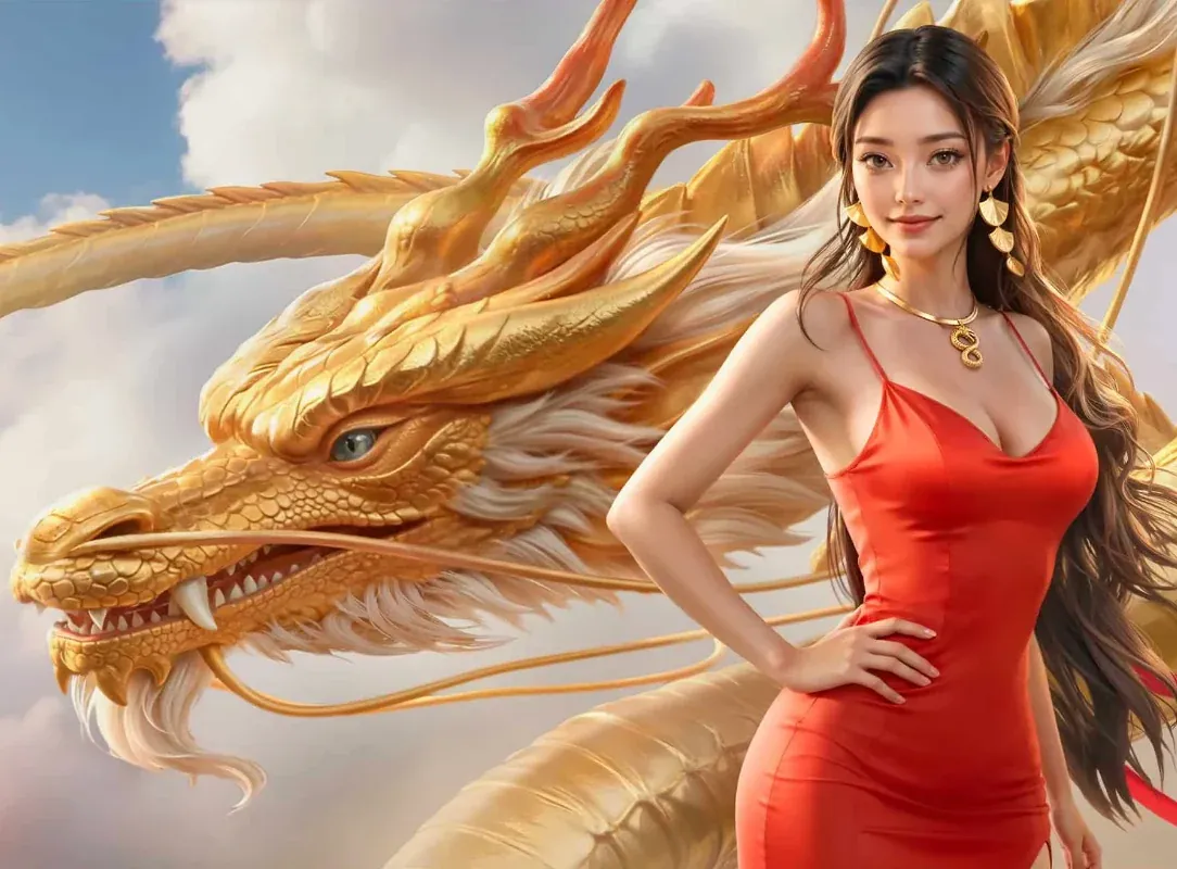Beautiful woman in an elegant red dress posing with a majestic golden dragon for Longfu88.