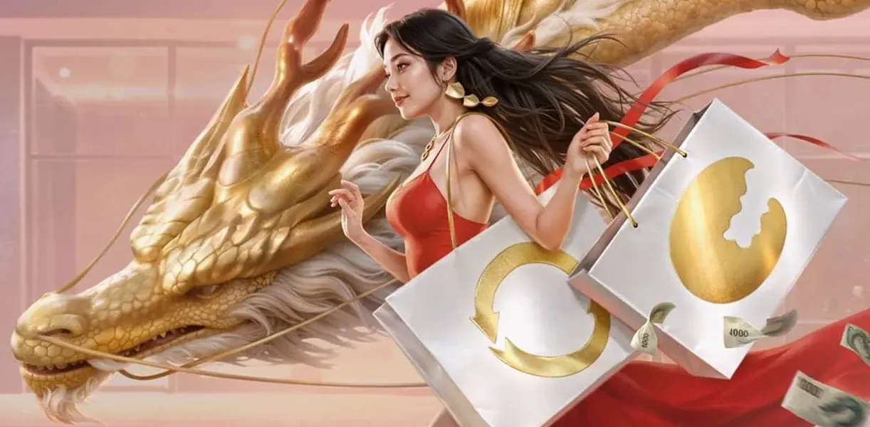 Smiling woman in a red dress holding shopping bags, surrounded by floating banknotes and a lucky golden dragon for Longfu88.